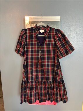 entro Navy & Red Plaid Short Sleeve Tiered Dress